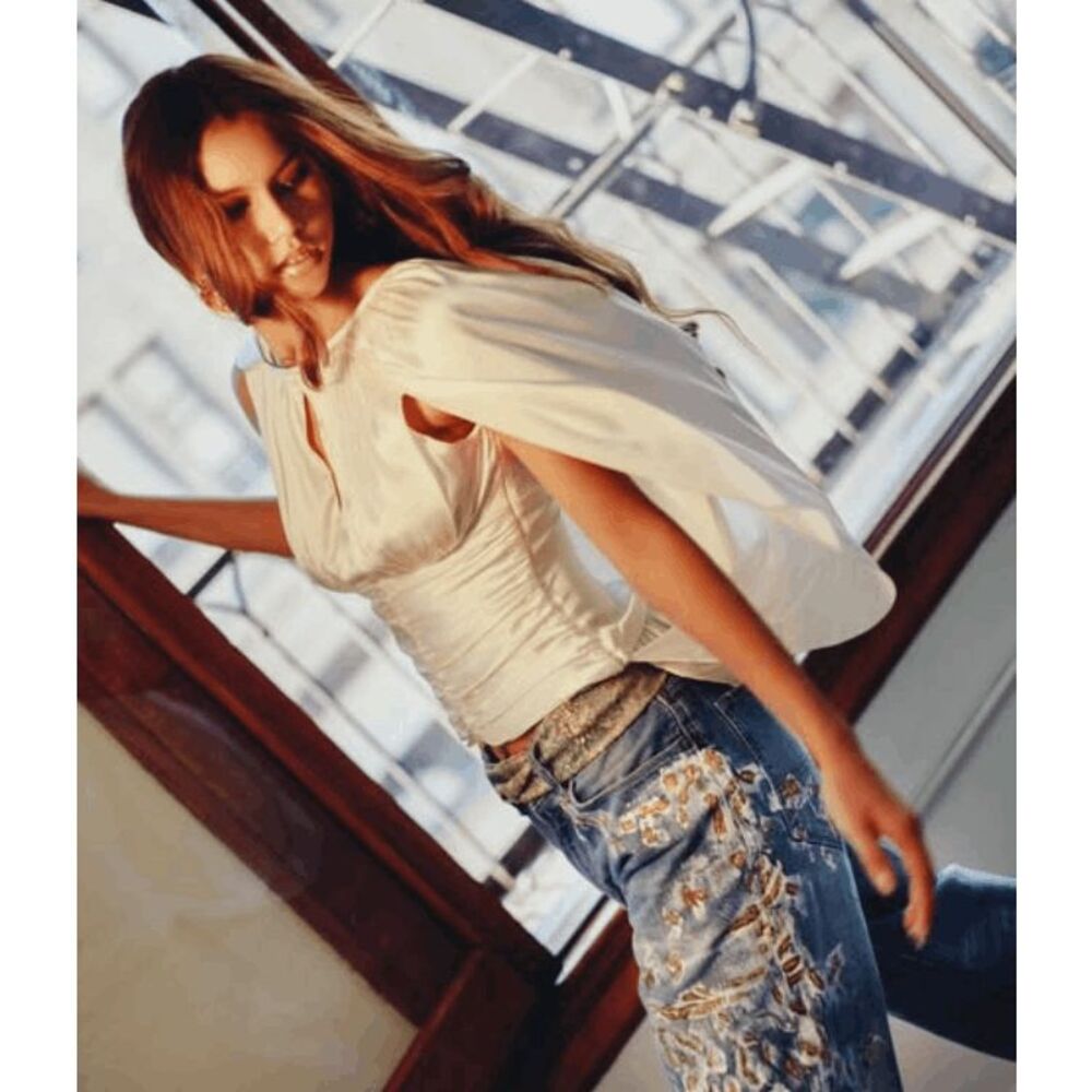 1881 NYC Silk Blouson Cape Sleeve Top Ruched Bodice Shirred Ivory Size Small (3)